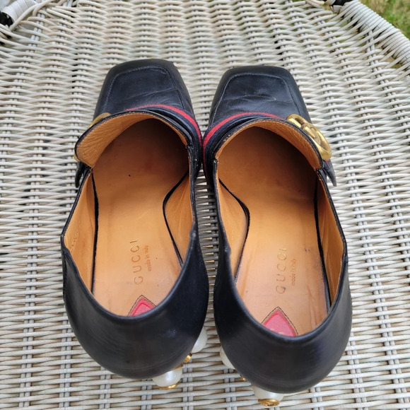 GUCCI Peyton Pearl GG Embellished Web Black Leather Mid-Heel Loafers 37 - Picture 8 of 13